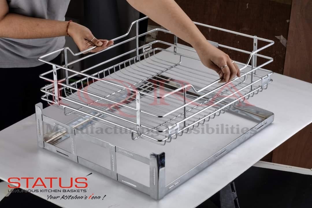 IQRA Stainless Steel Wire Modular Kitchen Basket with 22 inch Telescopic Channel and Basket Holder