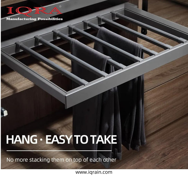 IQRA Grey Pants Hanger Bar Aluminum Alloy Pull Out Trousers Rack Clothes Organizers, Front End Metal Panel, Pulled Out Quietly and Completely