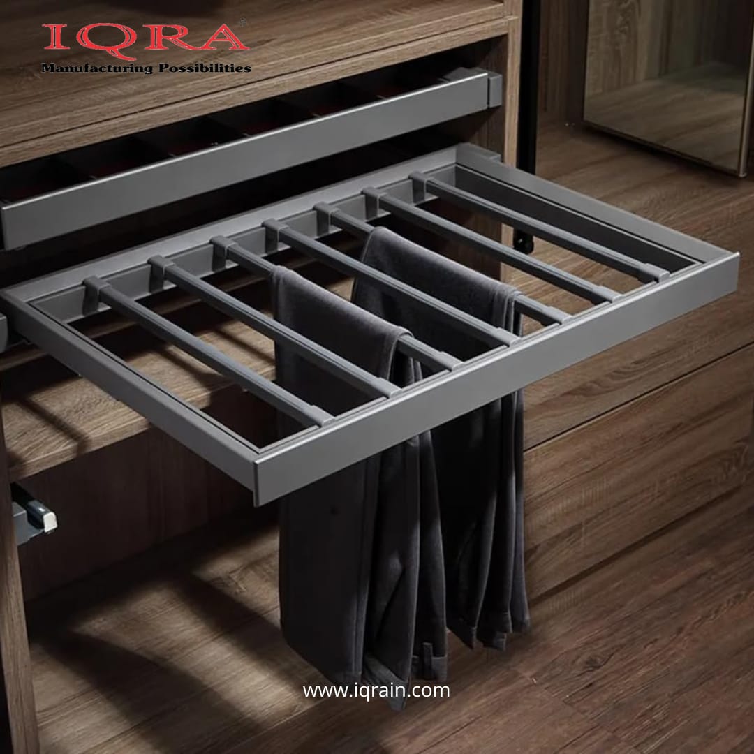 IQRA Grey Pants Hanger Bar Aluminum Alloy Pull Out Trousers Rack Clothes Organizers, Front End Metal Panel, Pulled Out Quietly and Completely